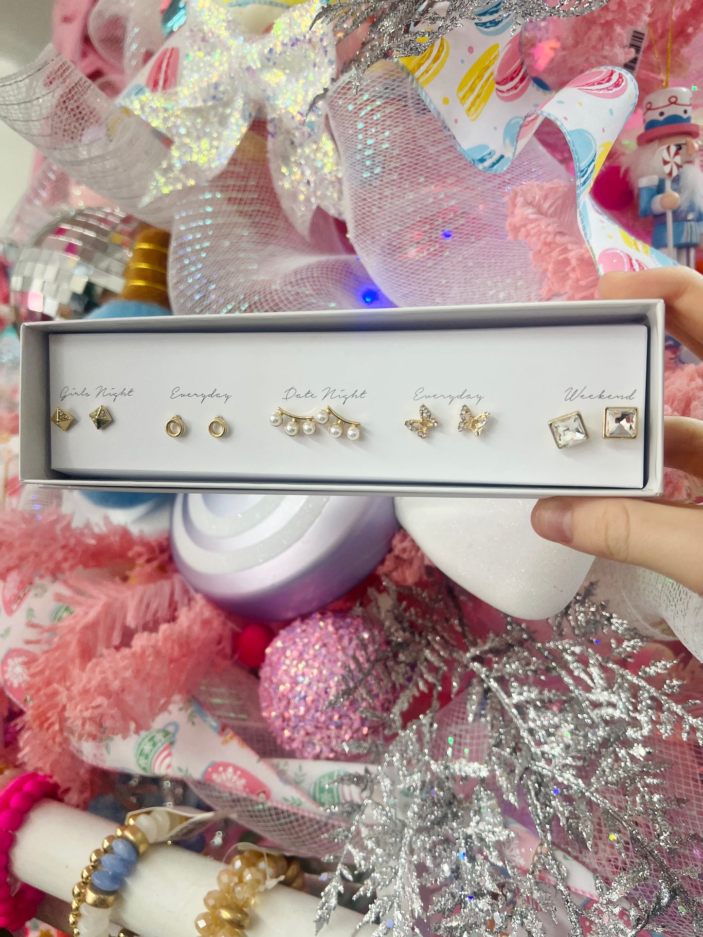 Set of five gold earrings from Modern Grace, featuring various stylish designs in a gift-ready jewelry collection.