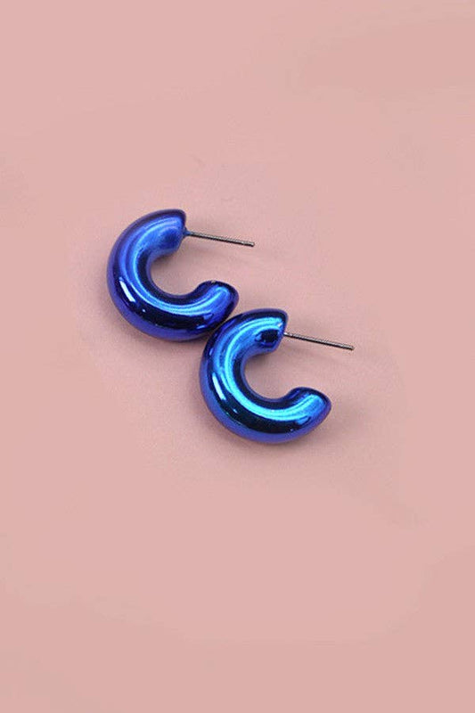 Blue metallic hoop earrings by Modern Grace, stylish round earrings with a shiny finish, perfect for everyday or special occasions.