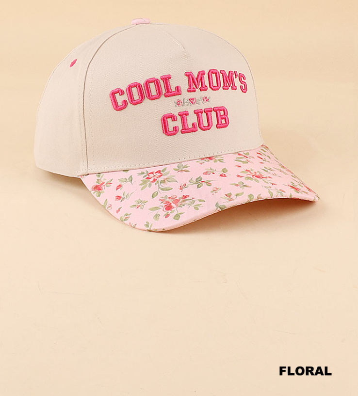 Modern Grace floral two-tone snapback hat with "Cool Mom's Club" embroidery, stylish and casual headwear for moms.