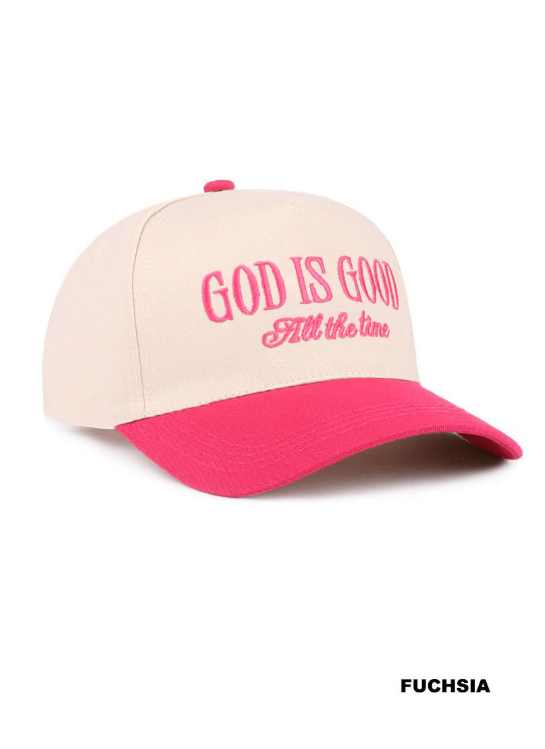 Fuchsia and tan two-tone canvas cap with "God Is Good All The Time" embroidery, modern grace hat, casual and stylish headwear