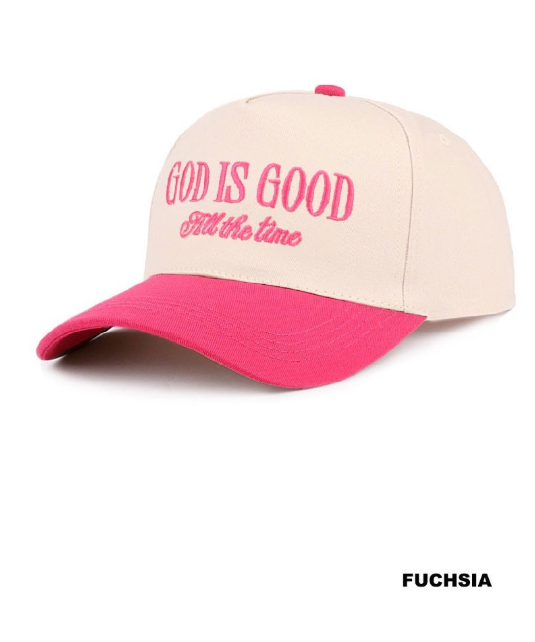 Fuchsia and tan two-tone canvas cap with "God Is Good All The Time" embroidered, modern grace hats, casual style accessory