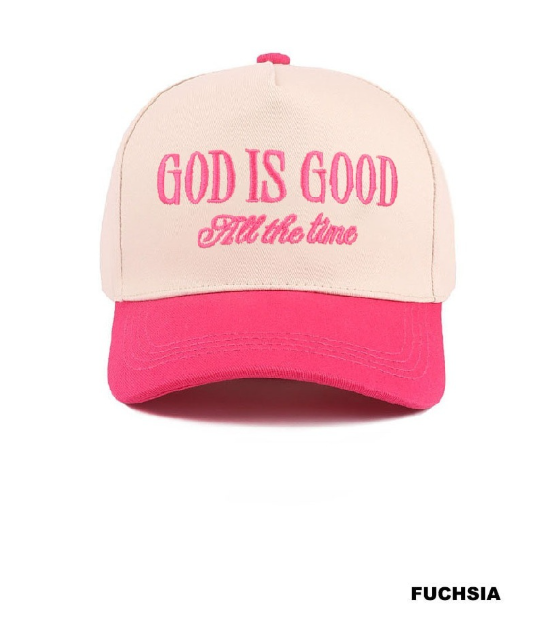 Fuchsia and tan two-tone canvas hat with "God Is Good All The Time" embroidered, by Modern Grace, casual stylish headwear.