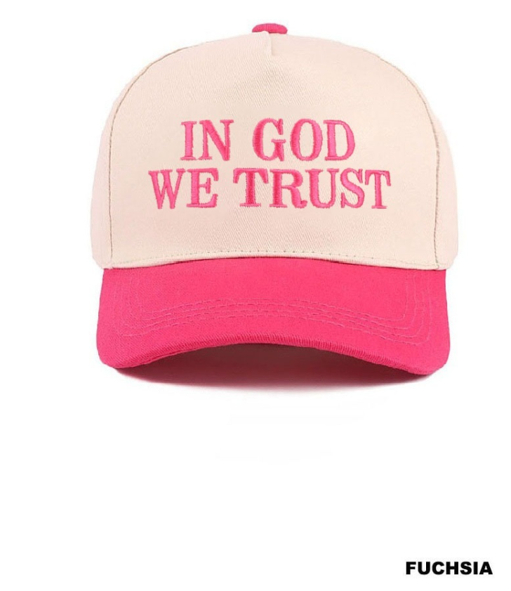 Fuschia and tan In God We Trust two-tone canvas cotton cap - front view
