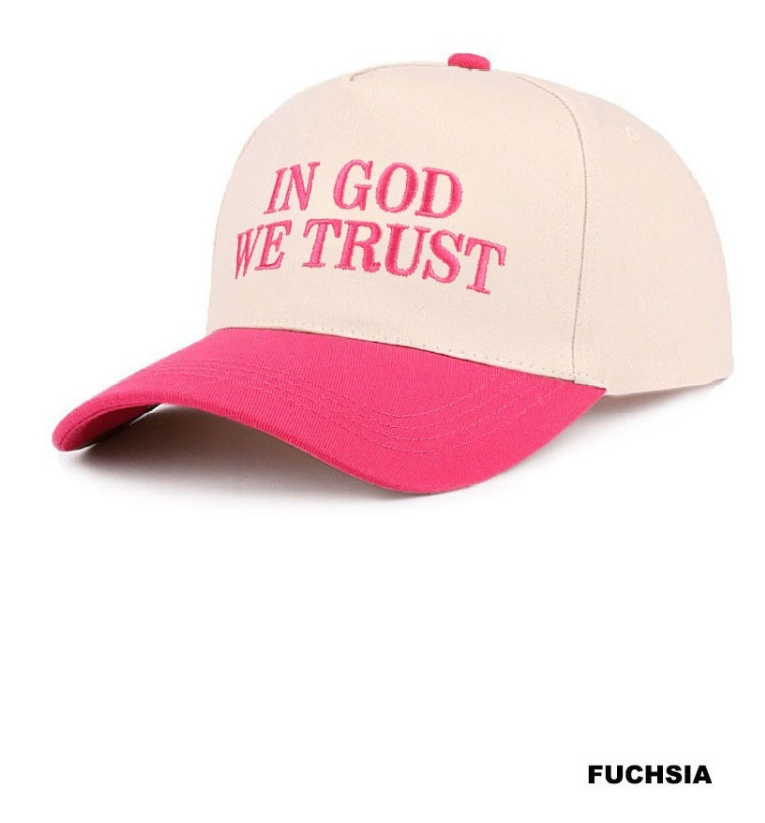 Fuschia and tan In God We Trust two-tone canvas cotton cap - side view
