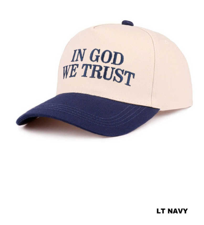 Navy and tan two-tone canvas cotton cap with "In God We Trust" embroidery, modern Grace brand hat with curved brim.
