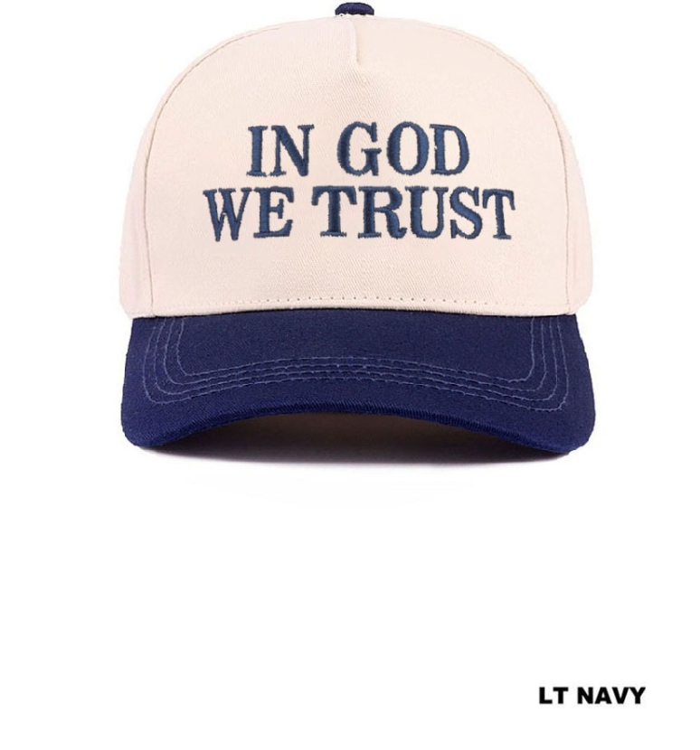 Navy and tan two-tone canvas cotton cap with "In God We Trust" embroidered front, by Modern Grace, casual hat for everyday wear.