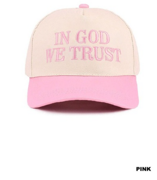 Pink and tan two-tone canvas cotton cap with "In God We Trust" embroidery by Modern Grace, featuring a casual, stylish hat design.