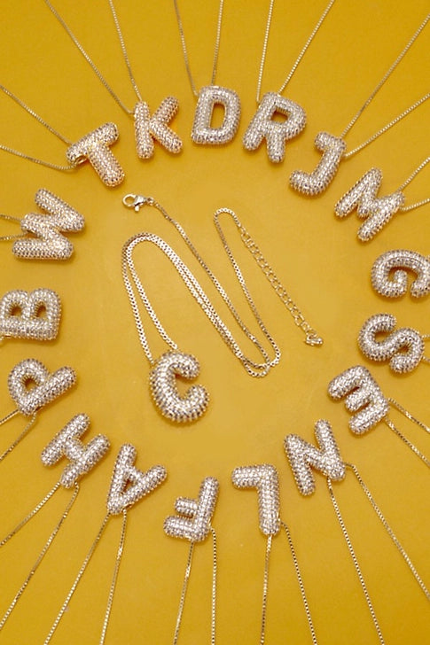 Gold pave rhinestone bubble balloon initial necklace by Modern Grace, featuring sparkling rhinestones and a playful, rounded pendant design.