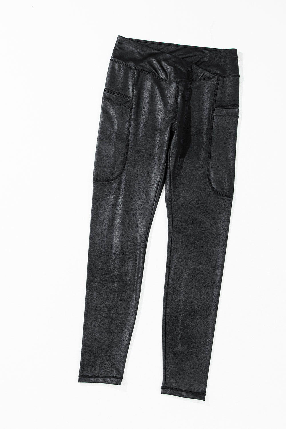 Black V crossover high waist pocketed leggings by Modern Grace, featuring a sleek design and functional pockets for active wear.