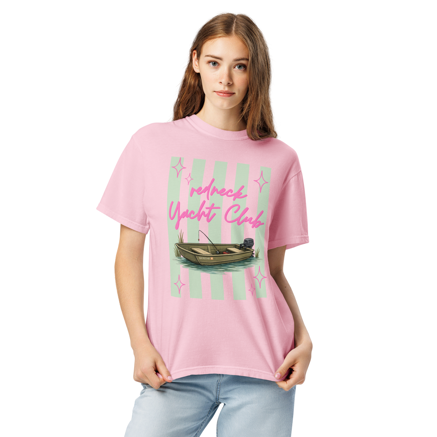 Redneck Yacht Club Sage Green Stripes - Unisex Garment-Dyed Heavyweight Comfort Colors SS T-Shirt