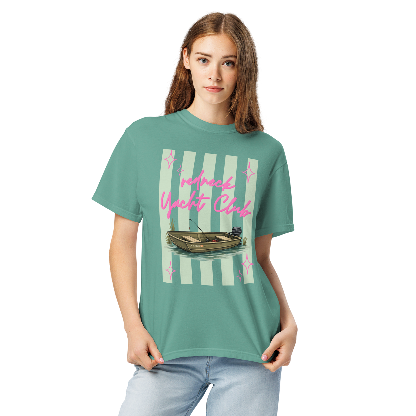 Redneck Yacht Club Sage Green Stripes - Unisex Garment-Dyed Heavyweight Comfort Colors SS T-Shirt