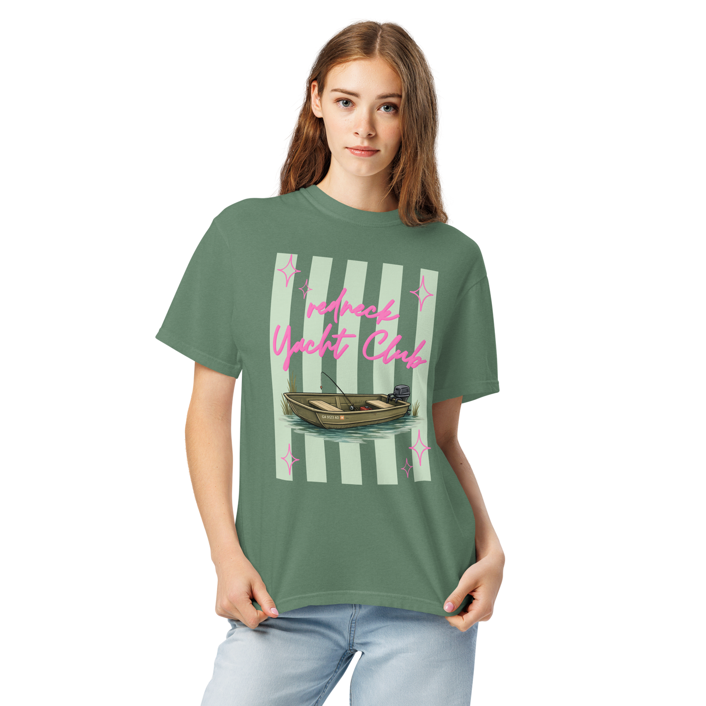 Redneck Yacht Club Sage Green Stripes - Unisex Garment-Dyed Heavyweight Comfort Colors SS T-Shirt