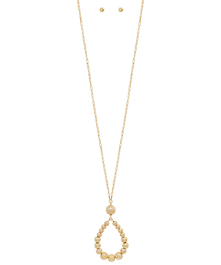 Gold satin ball beads teardrop pendant necklace with modern design, featuring elegant satin finish and stylish teardrop charm.