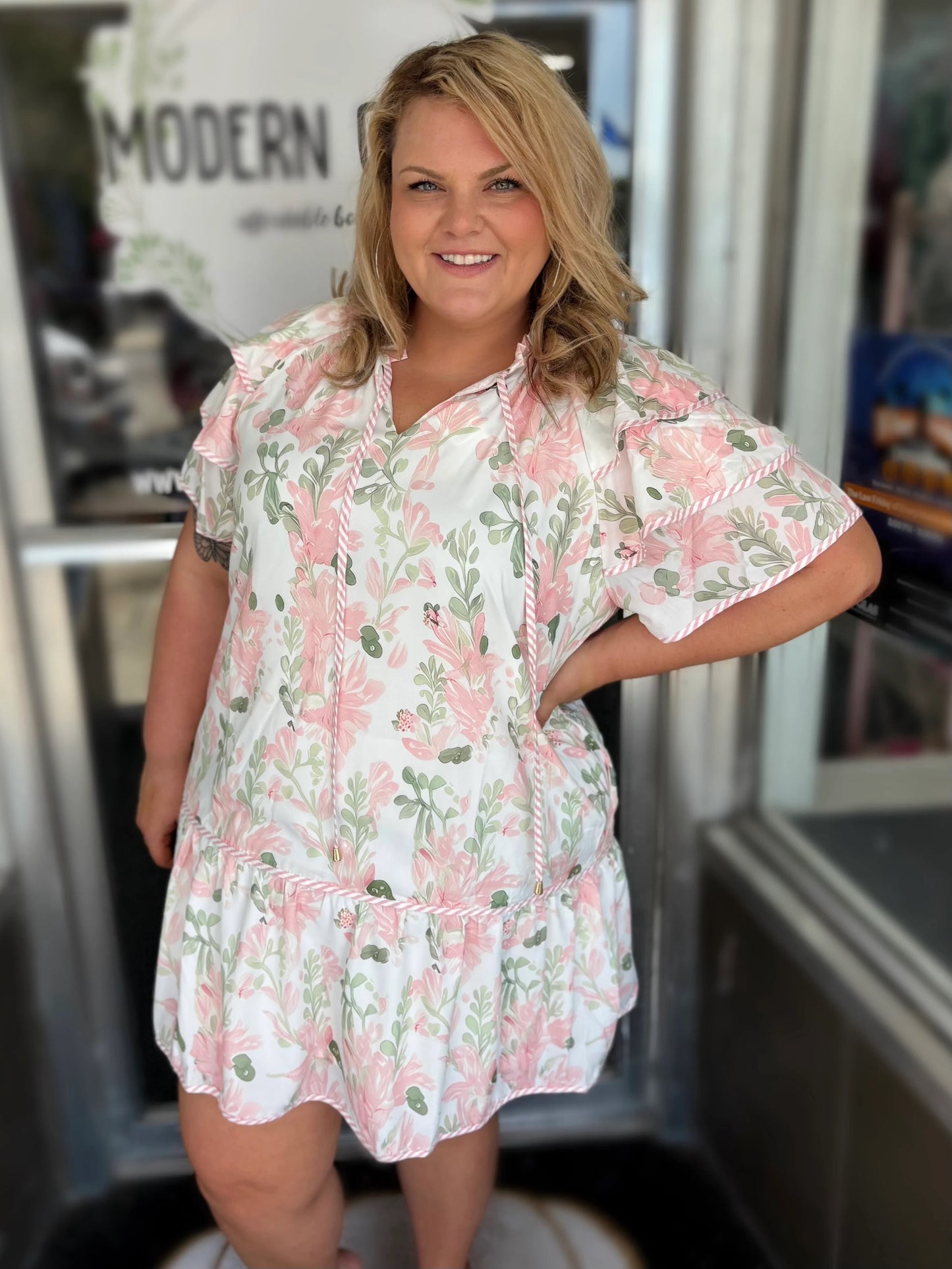 Curvy Pink Plus Size Floral Print Striped Detail Short Summer Dress