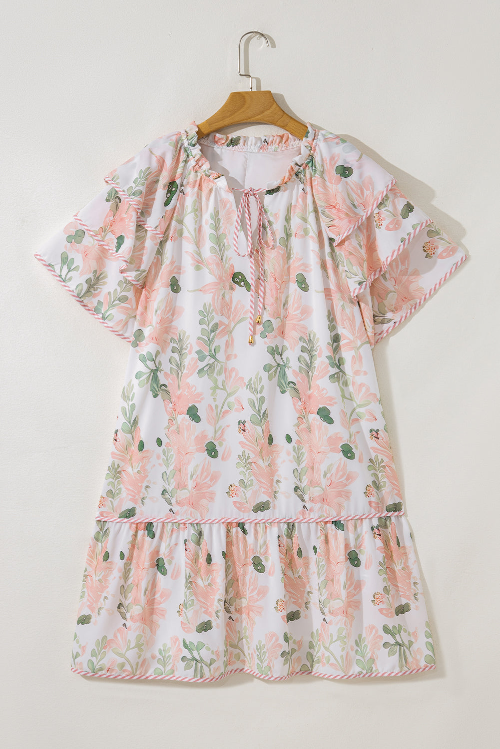 Modern Grace pink plus size summer dress with floral print and striped details, short sleeveless design for curvy figures.