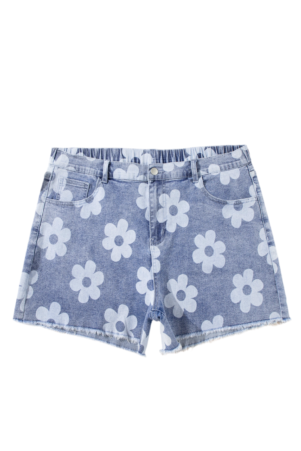 Plus size denim shorts by Modern Grace featuring a blue floral pattern, high waist, raw hem, and comfortable stretch fabric.