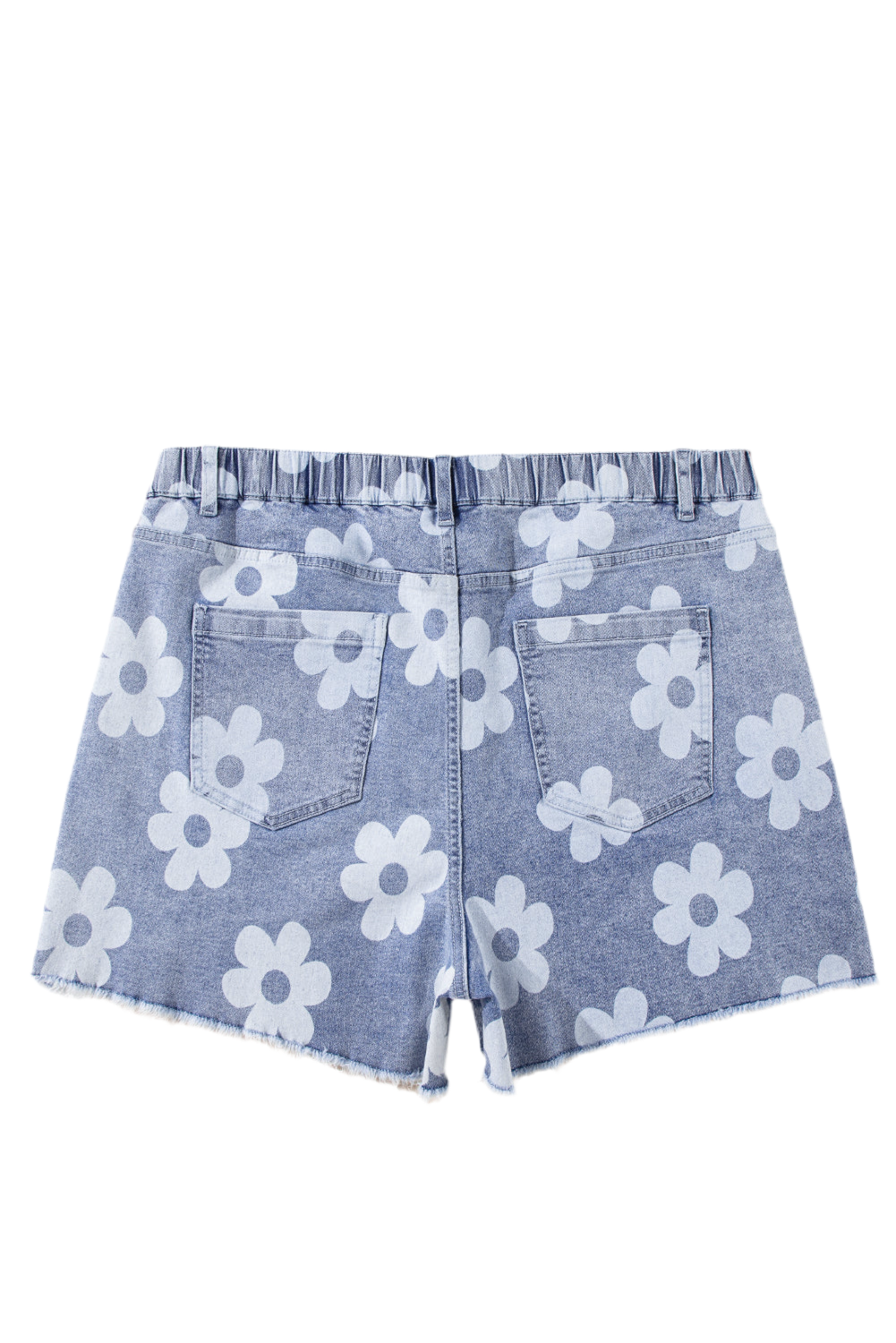 Modern Grace Ashleigh Blue Floral Pattern Plus Size Denim Shorts with high waist and raw hem, featuring cotton and elastane blend.