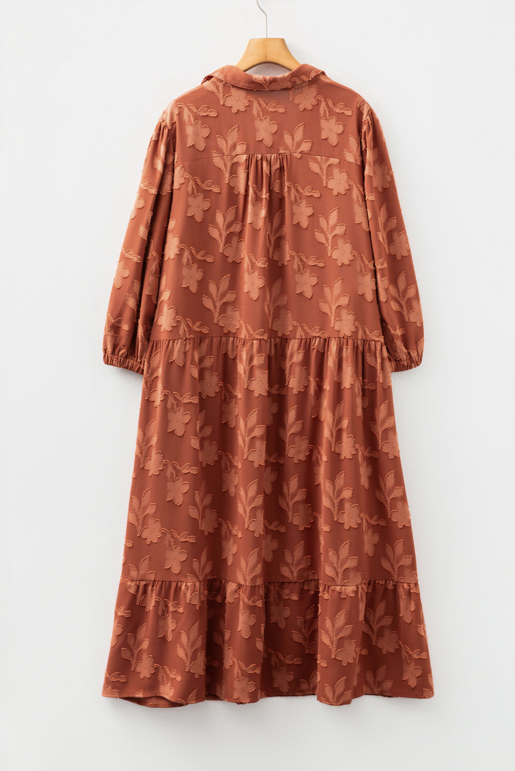 Plus size Modern Grace long maxi dress with textured 3D flower pattern, ruffle hem, and 3/4 sleeves for plus size fashion.