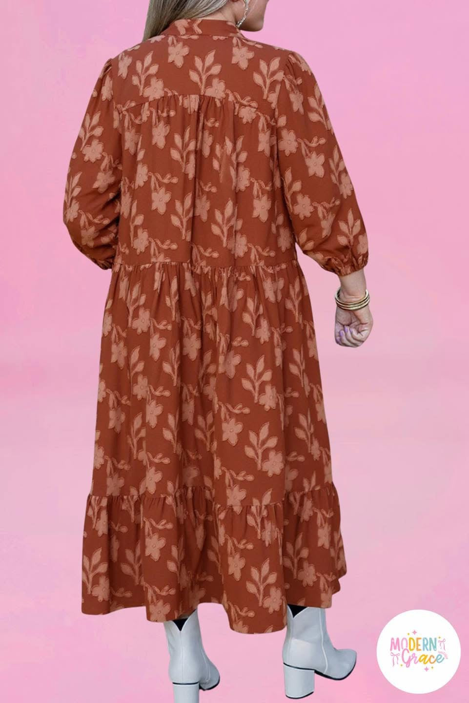 Modern Grace plus size long dress with textured 3D flower pattern, ruffle hem, 3/4 sleeves, in a maxi style.