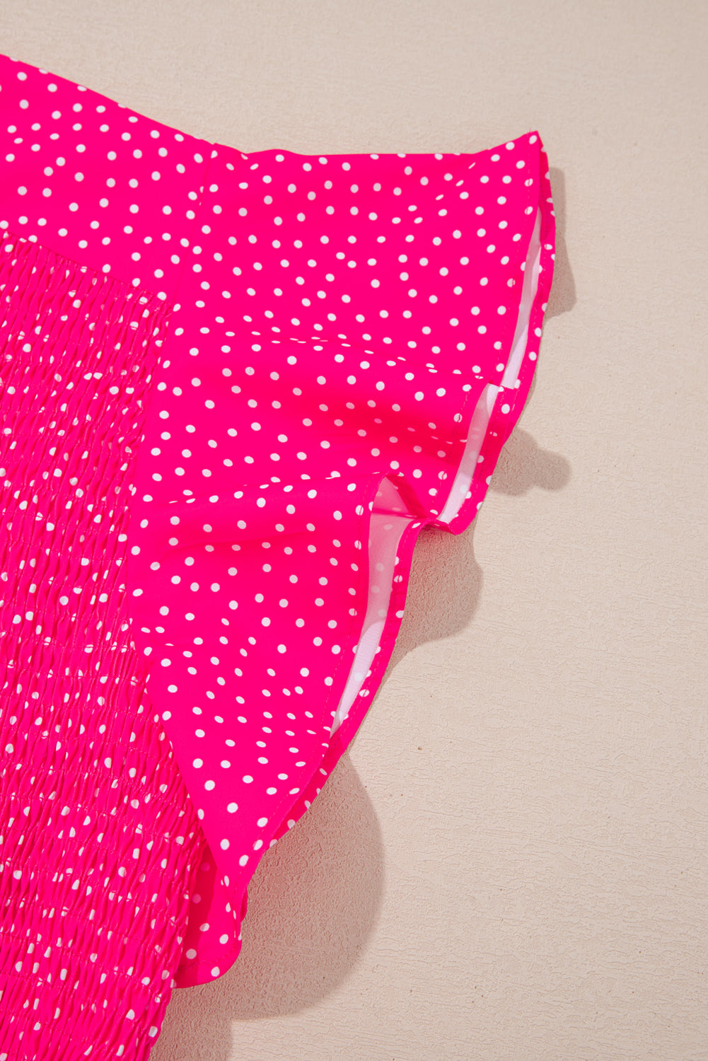 Modern Grace plus size polka dot midi dress with ruffled, smocked high waist and flowy fabric, featuring a classic print.
