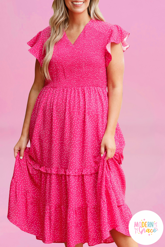 Modern Grace CurvyRose polka dot print plus size midi dress with ruffled smocked high waist, perfect for stylish occasions.