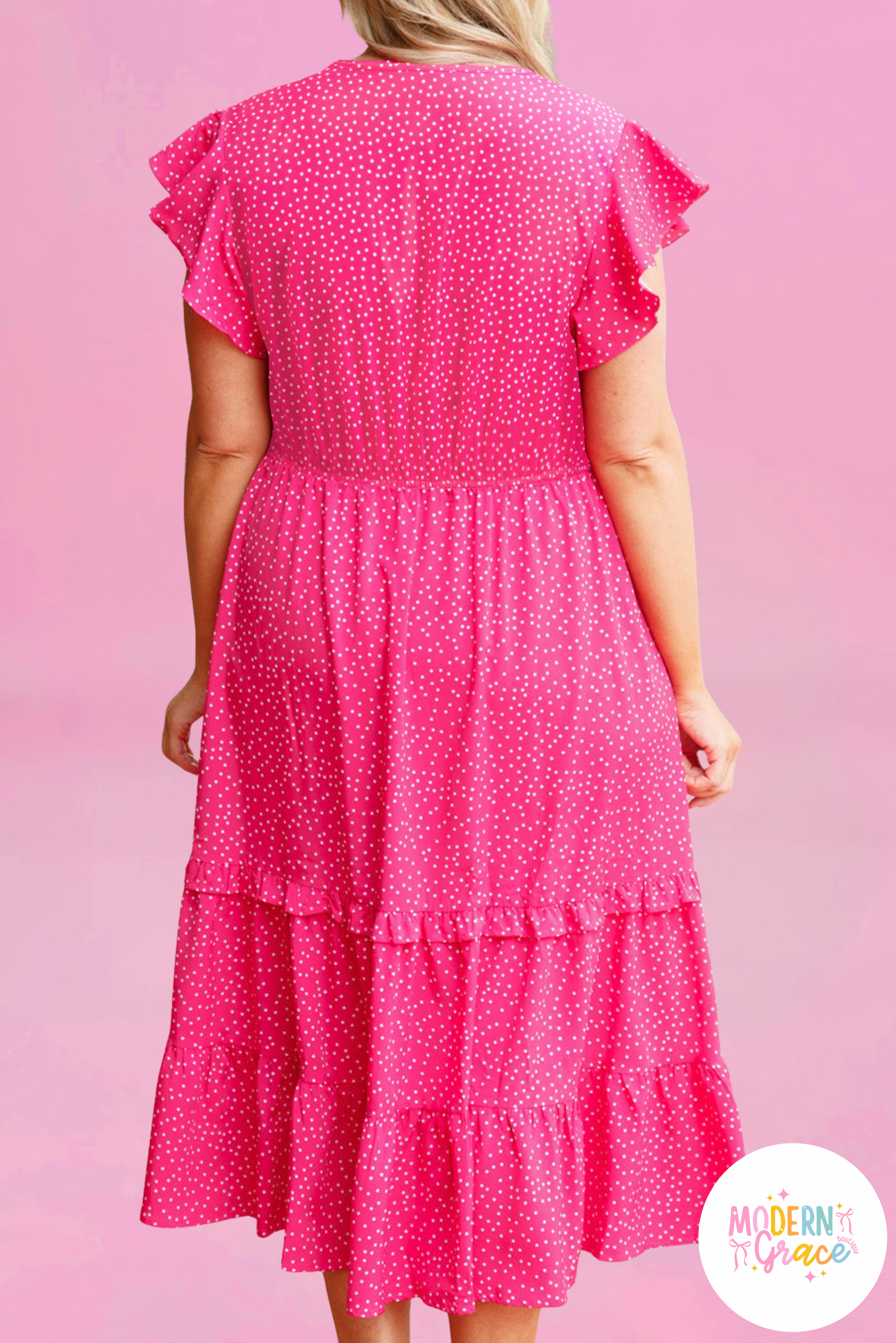 Modern Grace plus size polka dot midi dress with ruffled, smocked high waist and flowing silhouette, featuring a stylish print.