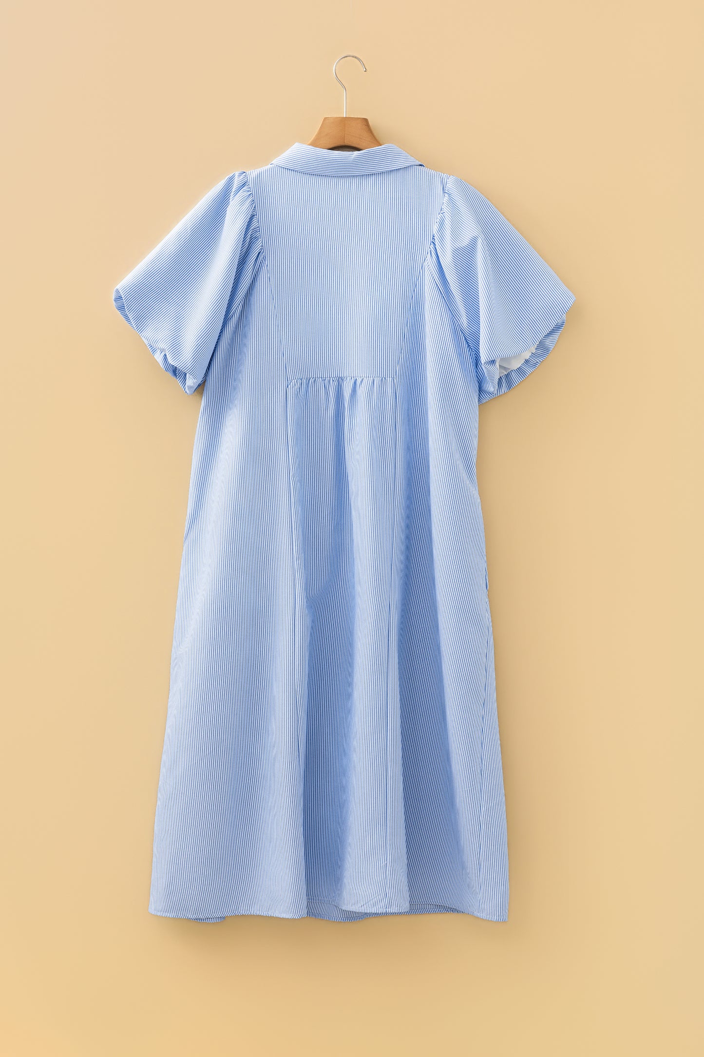Sky blue stripe plus size midi dress with shirred collar and V-neck by Modern Grace, featuring a stylish, comfortable design.