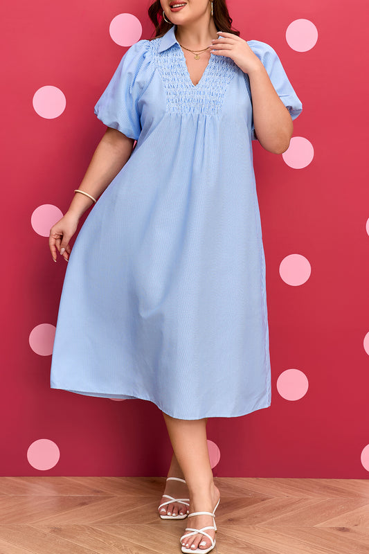 Sky blue stripe plus size midi dress by Modern Grace featuring shirred collar, V-neck, and relaxed fit.