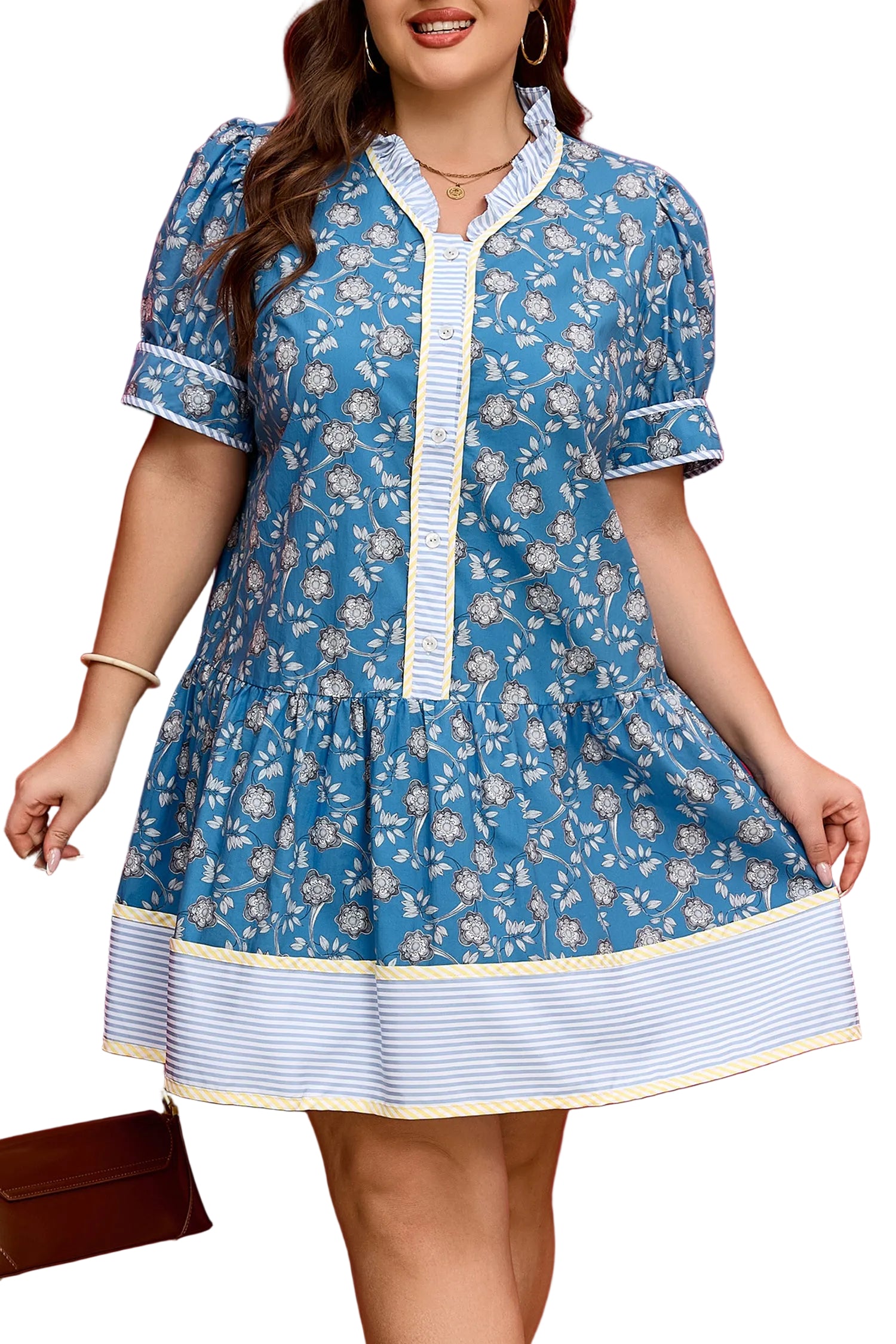 Blue plus size floral print striped patchwork mini dress by Modern Grace with button front and ruffle hem, casual summer style.