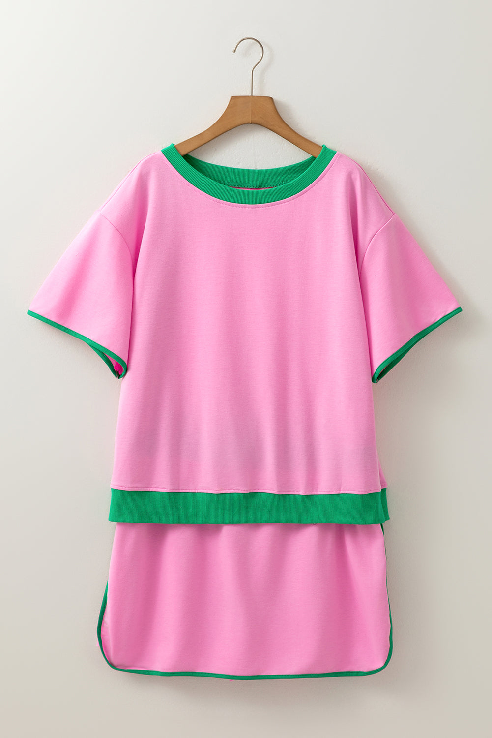 Plus size pink and green contrast trim T-shirt and skirt two-piece loungewear set by Modern Grace, casual and comfortable for plus size women.