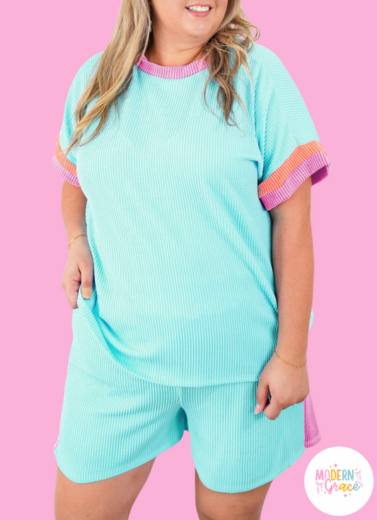 Light blue plus size color block corded knit tee and shorts set by Modern Grace, casual loungewear for comfortable wear.