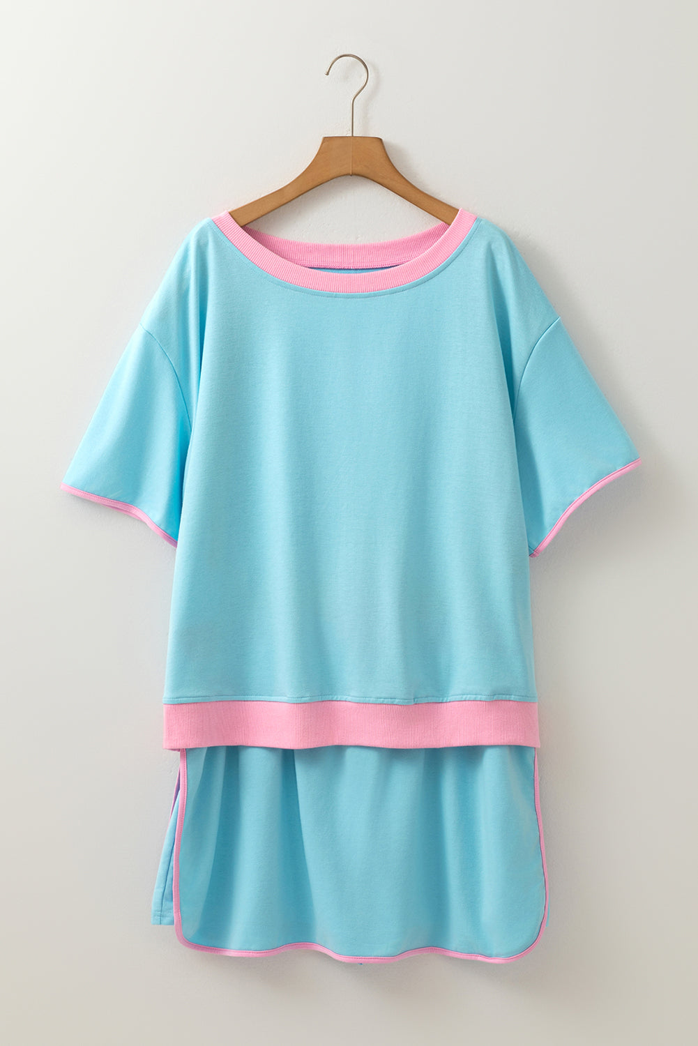 Modern Grace turquoise plus size loungewear set with contrast trim T-shirt and skirt, made of polyester, cotton, and elastane.