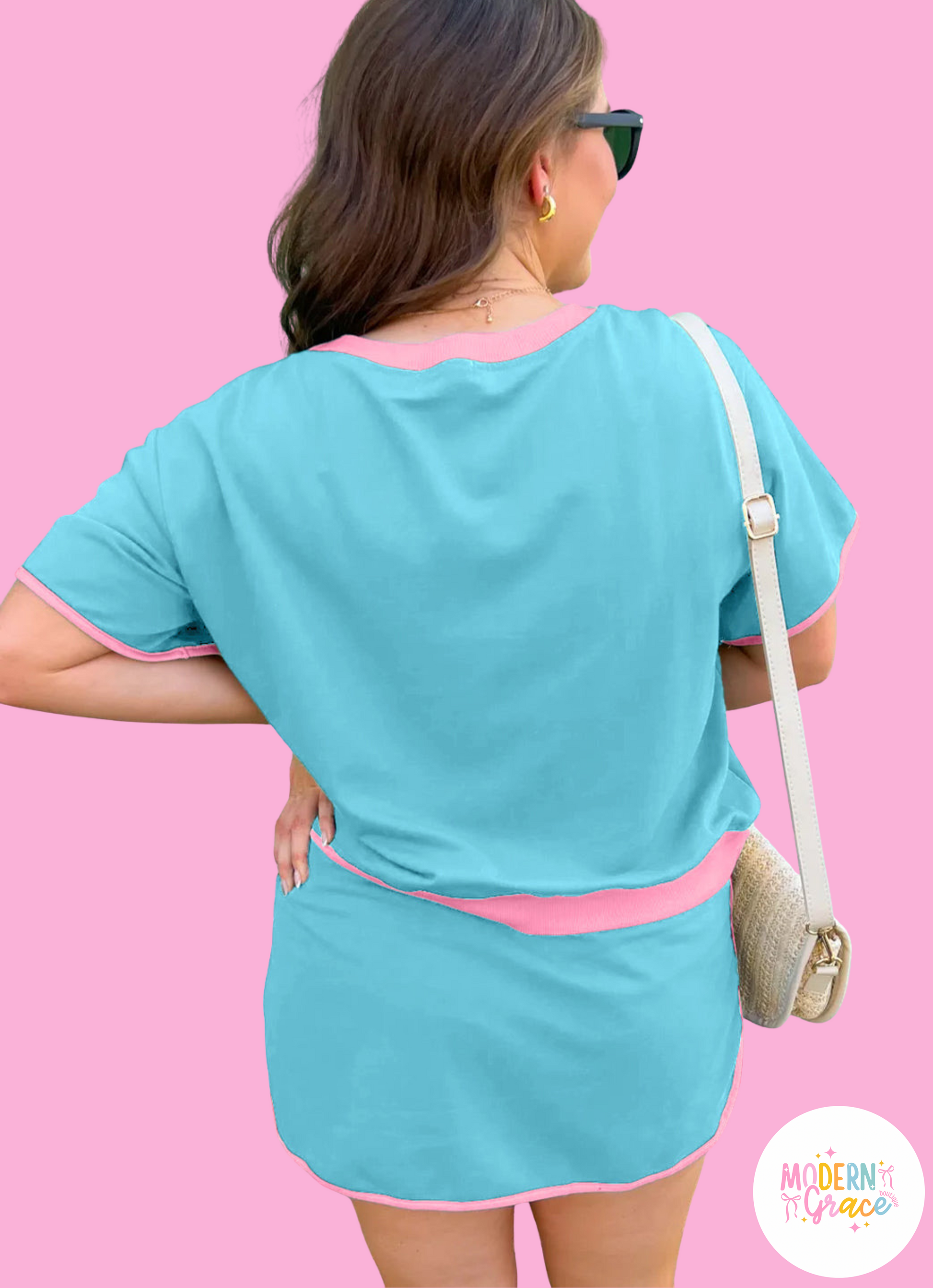 Modern Grace turquoise plus size two-piece loungewear set with contrast trim T-shirt and skirt, casual and comfortable style.