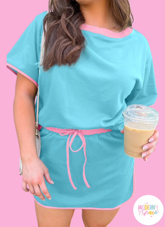 Turquoise plus size contrast trim T-shirt and skirt two-piece set by Modern Grace, casual plus size loungewear ensemble.