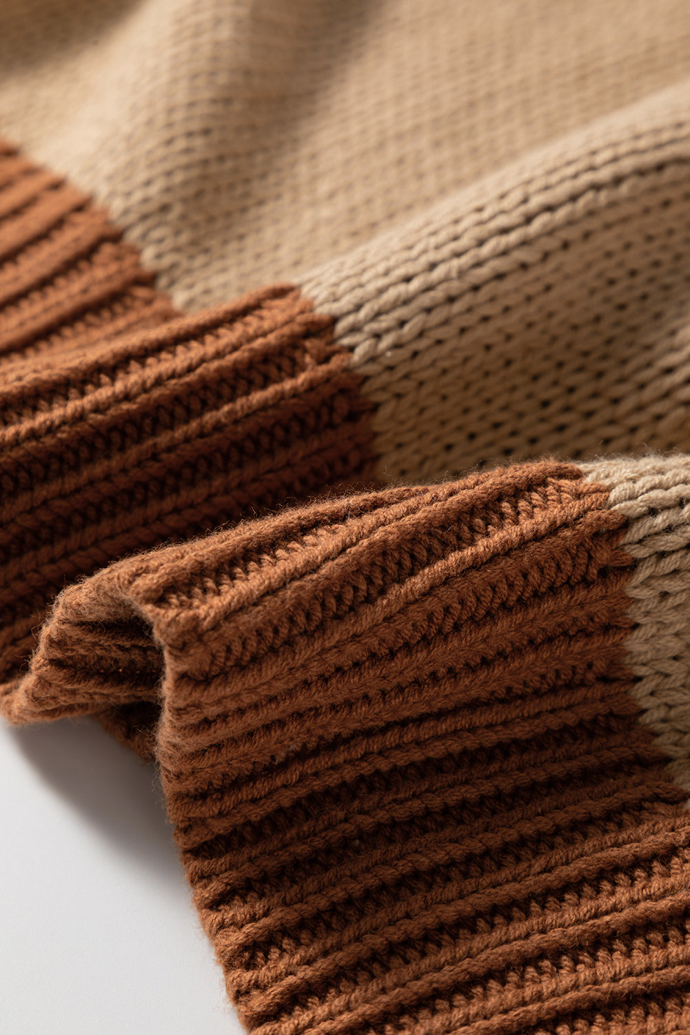 Plus size Modern Grace French beige stitch detail color block knitted sweater, cozy and stylish for winter wear.