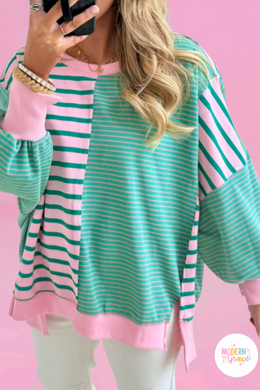 Plus size green stripe color block sweatshirt by Modern Grace with exposed seams and side slit, casual and comfortable fit