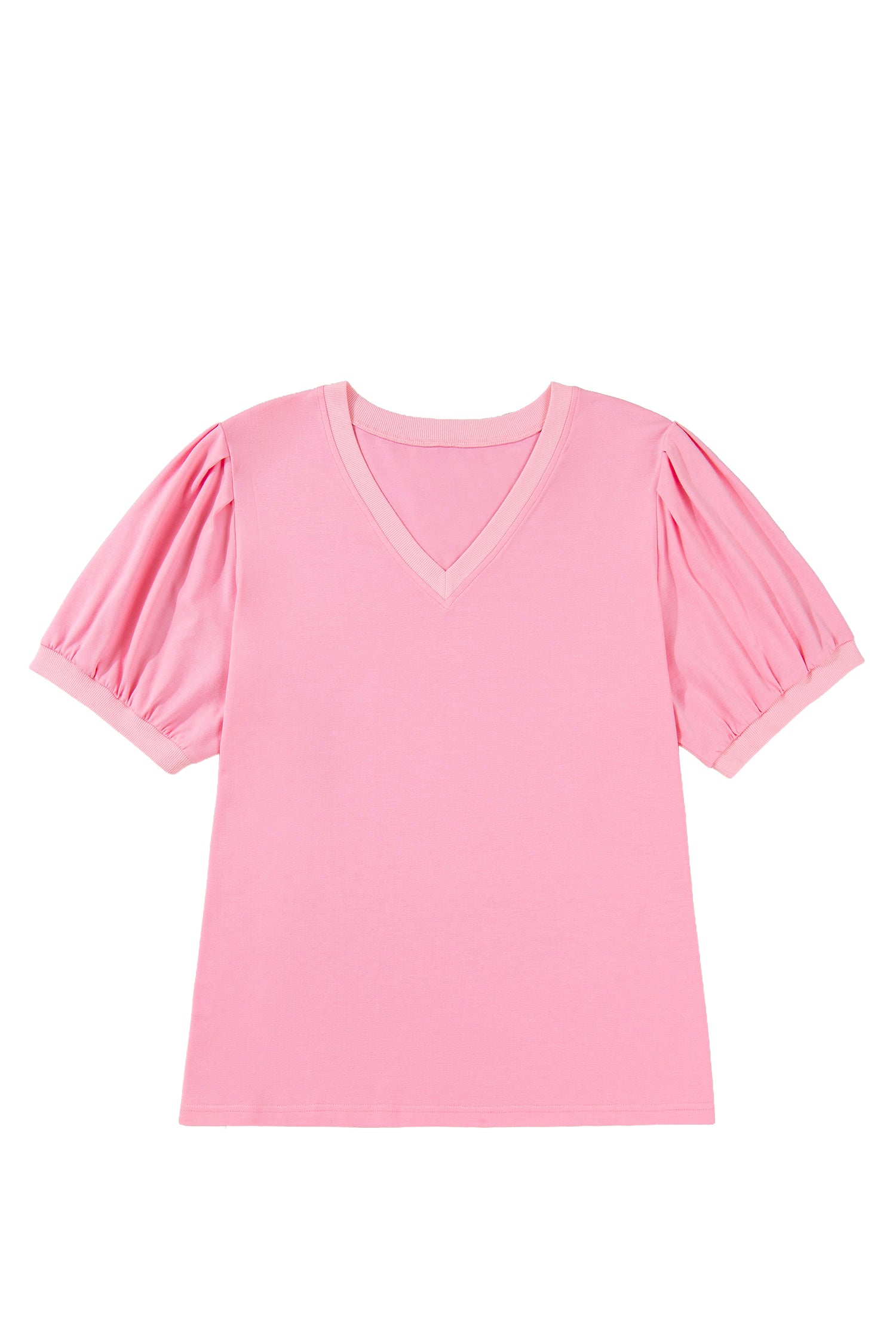 Modern Grace plus size Bonbon V-neck pleated blouse with short puff sleeves, made of polyester, cotton, and elastane.