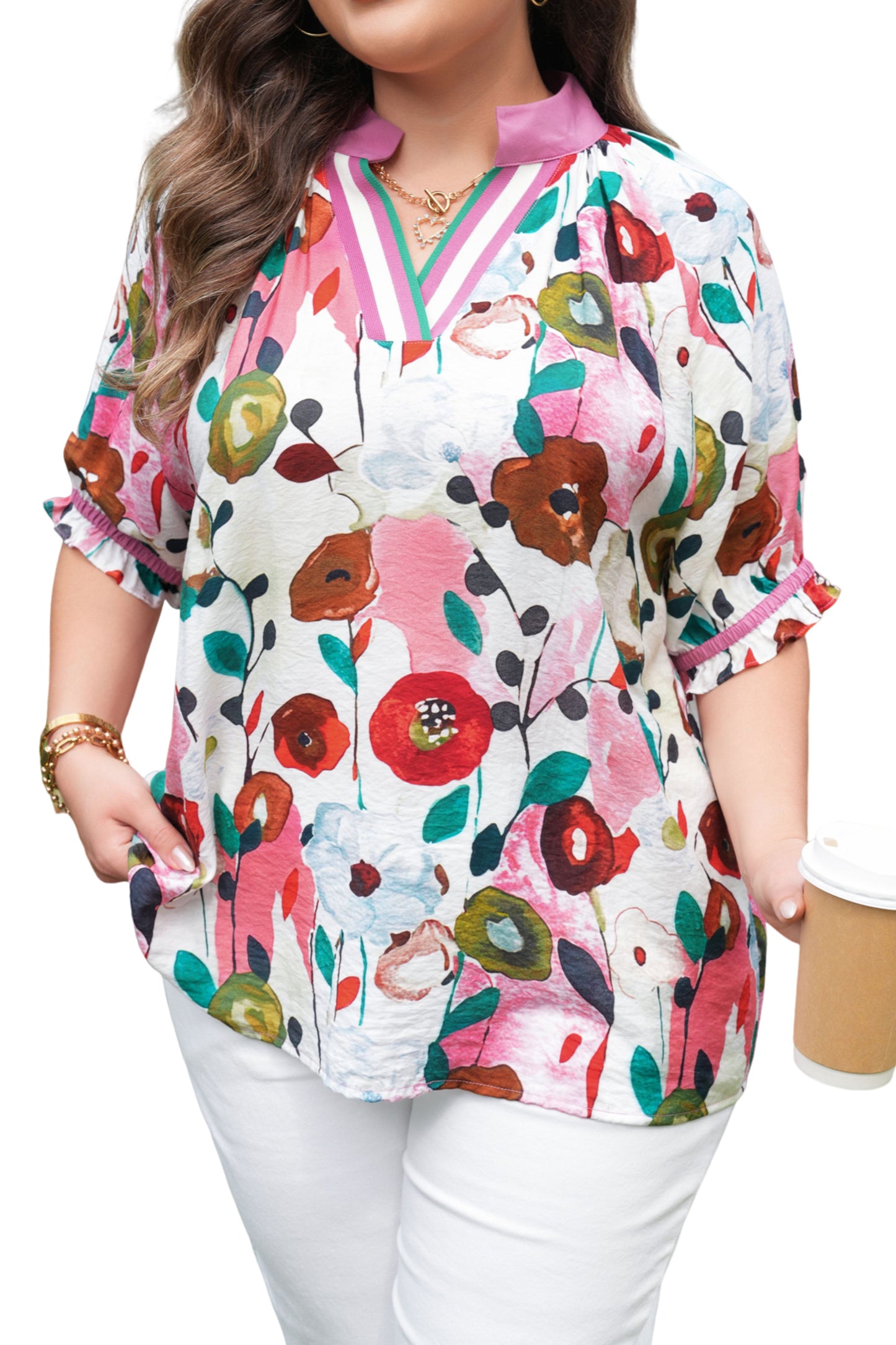 Pink V-neck plus size floral blouse with short puff sleeves by Modern Grace, made of viscose and polyamide fabric.