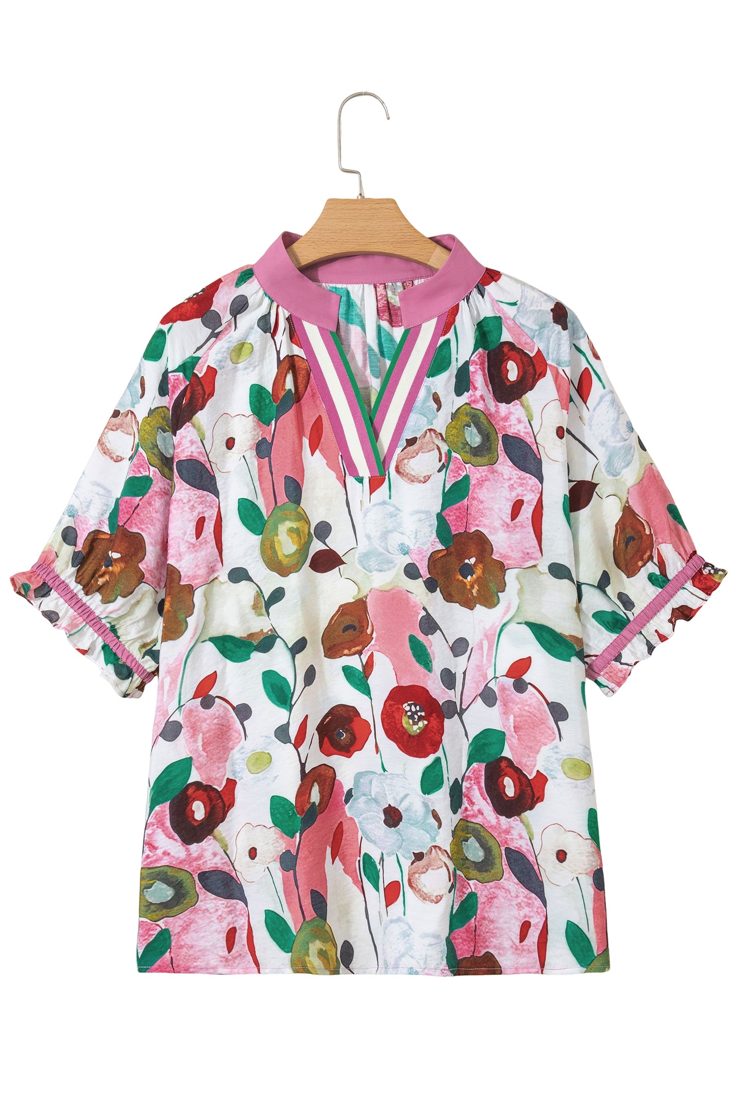 Pink V-neck plus size floral blouse with short puff sleeves from Modern Grace, made of viscose and polyamide fabric.