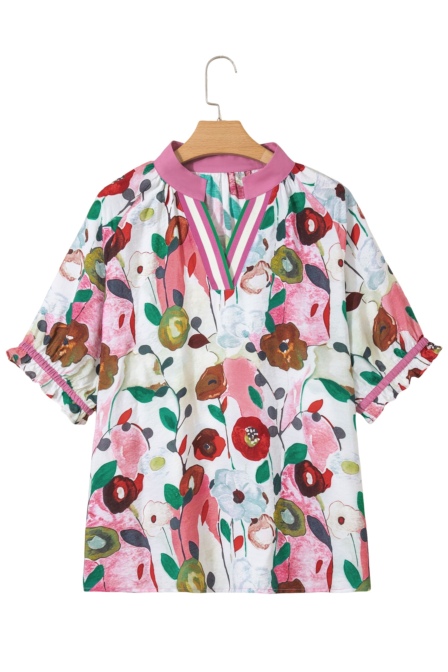Pink V-neck plus size floral blouse with short puff sleeves from Modern Grace, made of viscose and polyamide fabric.