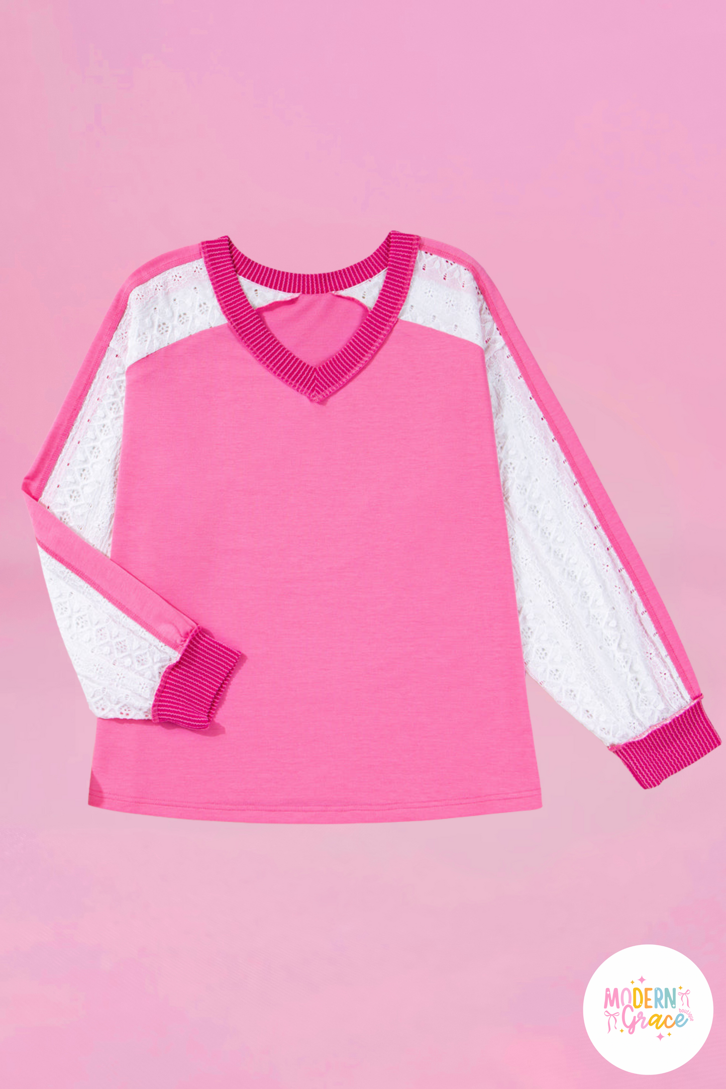 Modern Grace Bonbon pink lace striped patchwork long sleeve plus size V-neck top with corded details and comfortable fabric blend.