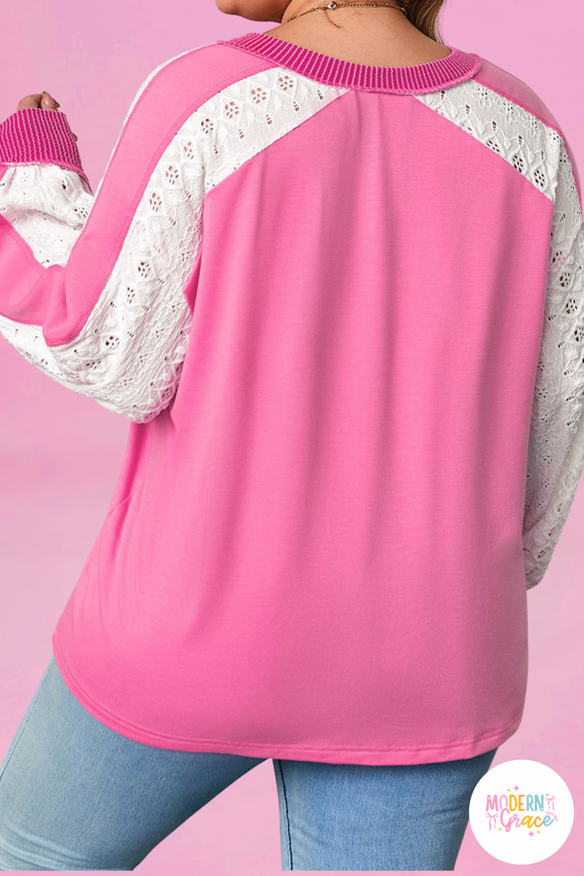 Modern Grace Bonbon pink lace striped patchwork plus size long sleeve top with V-neck, featuring lace and corded details.