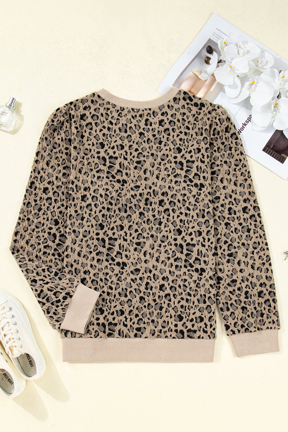 Plus size khaki leopard textured ribbed long sleeve top from Modern Grace, featuring a stylish leopard print and ribbed trim.