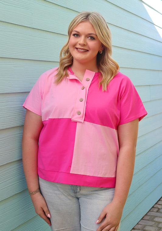 Bright Pink Colorblock Patchwork Short Sleeve Buttons Plus Size Henley Top