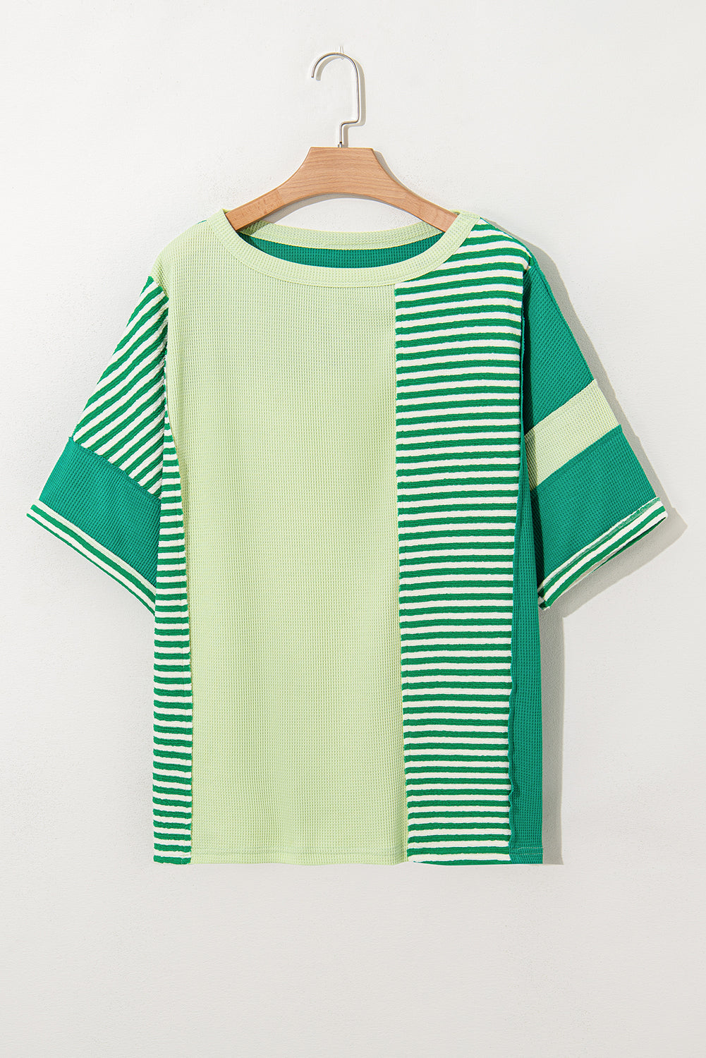 Plus size green stripe patchwork colorblock T-shirt by Modern Grace, featuring bold stripes and mixed fabric textures.