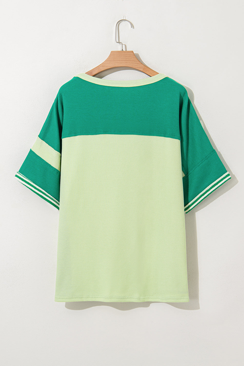 Plus size green stripe patchwork colorblock T-shirt by Modern Grace, with polyester and cotton fabric, casual style for women.