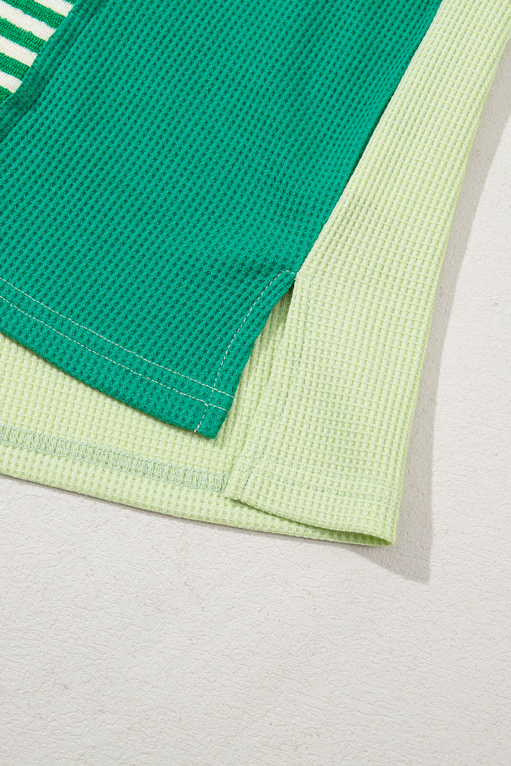 Modern Grace green stripe patchwork plus size T-shirt with colorblock design, polyester and cotton blend, casual fit.