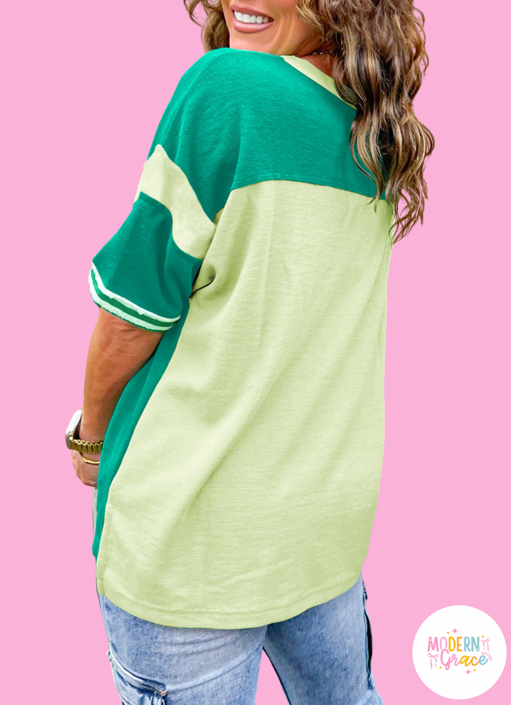 Plus size Green Stripe Patchwork Colorblock T-shirt by Modern Grace, featuring bold green, white, and black stripes with a casual fit.