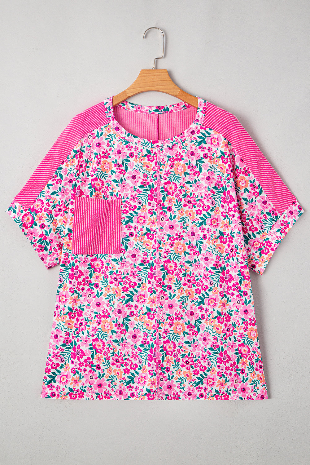 Pink plus size floral print corded patchwork loose top by Modern Grace, featuring a relaxed fit and vibrant floral design.