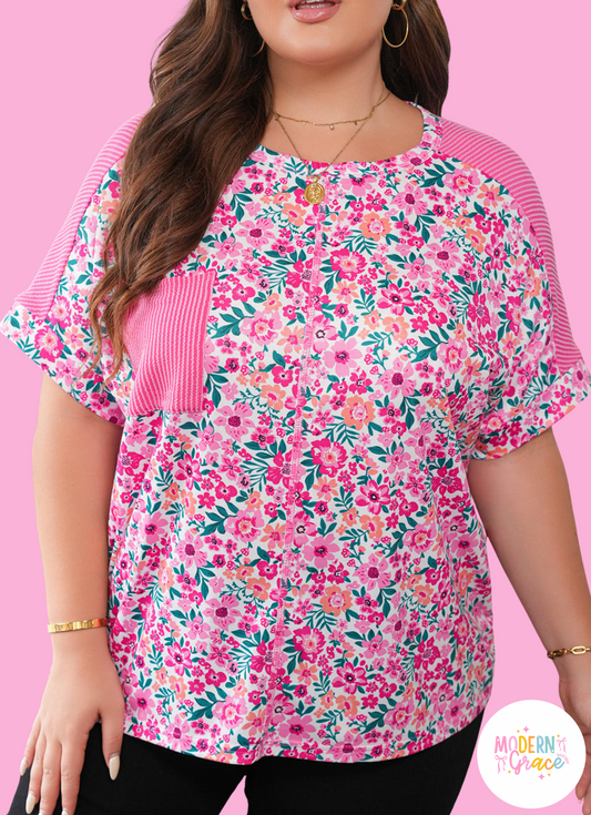 Pink floral print plus size loose top from Modern Grace with corded patchwork, made of polyester and elastane fabric.